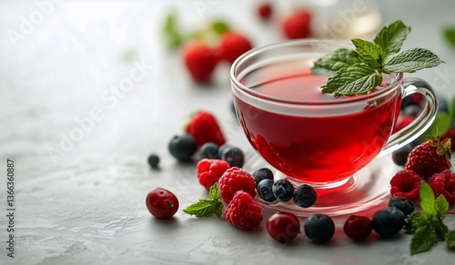 Fresh Berry Tea Served in a Clear Cup With Mint Leaves on a Rustic Table