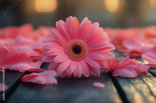 Pink Gerbera Daisy With Petals on Wooden Surface in Soft Natural Light