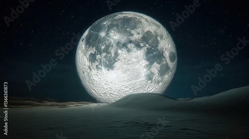 Vast Desert Landscape Under a Glowing Full Moon Illuminated by Stars in a Night Sky