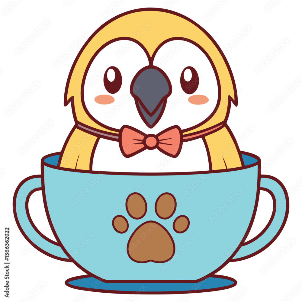 Fototapeta premium Cute Yellow Puffin Cartoon Character with Bow Tie Inside Blue Cup with Paw Print