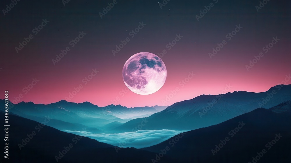 Vibrant Mountain Landscape Under a Full Moon With Serene Night Sky and Colorful Horizon Vibrant Mountain Landscape Under a Full Moon With Serene Night Sky and Colorful Horizon