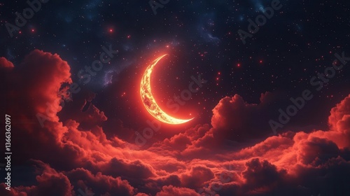 Vibrant Crescent Moon Glowing Red Amidst Starry Night Sky and Dramatic Pink Clouds