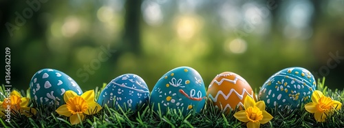 Colorful Decorated Eggs Resting on Grass Surrounded by Blooming Flowers Durin...