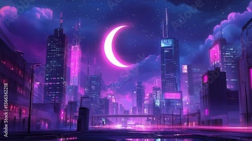 Vibrant Neon City Skyline at Night with a Crescent Moon and Reflective Surfaces in Futuristic Landscape