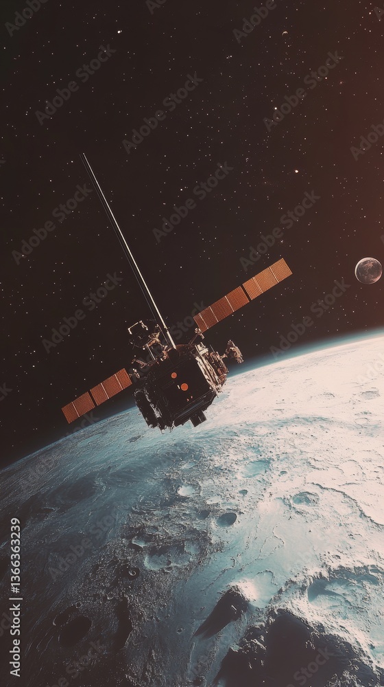 Naklejka premium A high-resolution image of a satellite in orbit around Earth, with the moon visible in the distance and a starry space background. Perfect for space exploration or technology themes.. AI Generation