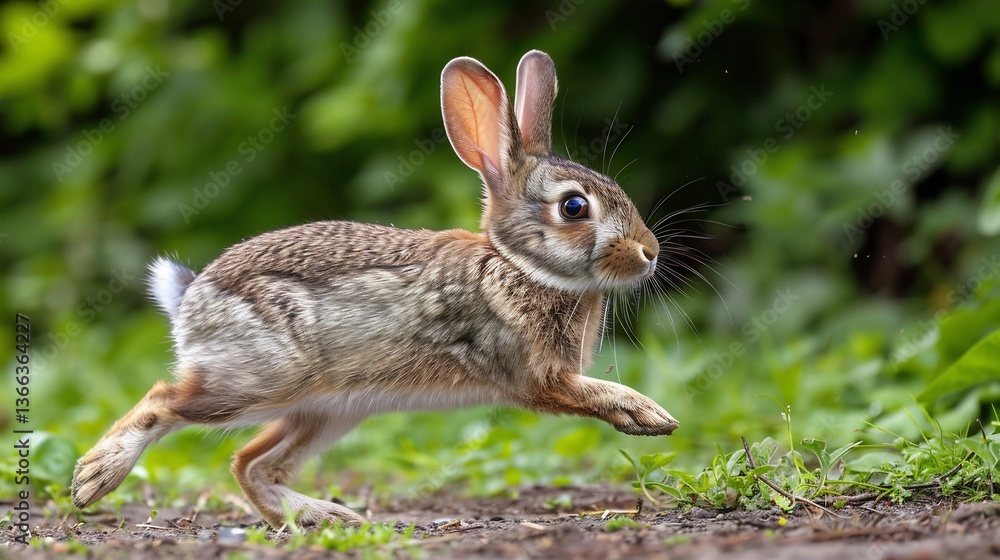 Fototapeta premium Rabbit thumping its hind leg rapidly on the ground signaling danger to its companions after hearing a sudden loud noise eyes wide and nostrils flared ready to bolt if necessary