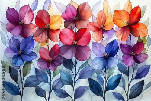 Vibrant watercolor illustration of colorful flowers with delicate petals and leaves