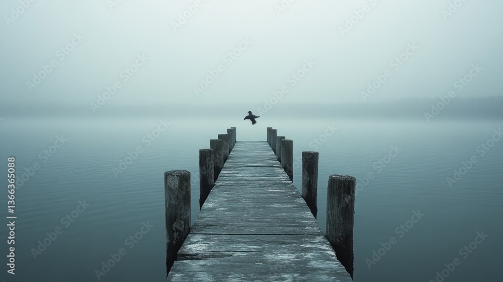 Obraz premium Foggy lake, wooden dock, bird in flight, serene scene, peaceful atmosphere, for a tranquil and inspiring stock photo