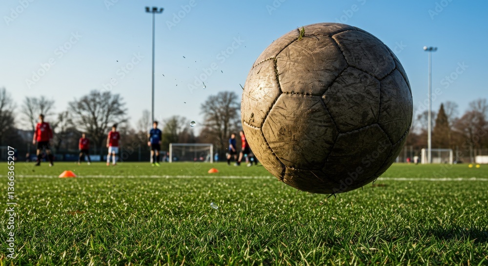 Fototapeta premium Soccer ball in action during training on a sunny field 