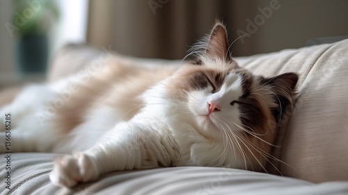 Wallpaper Mural Relaxed Ragdoll cat sprawled across a plush sofa limbs stretched out eyes half closed purring softly as a gentle breeze flows through an open window whiskers twitching slightly in contentment Torontodigital.ca