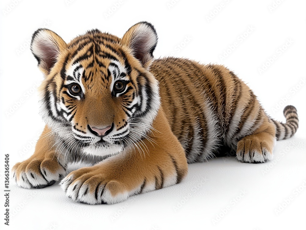 Fototapeta premium Adorable realistic image of a young tiger cub isolated on a white background emphasizing its playful and cute nature