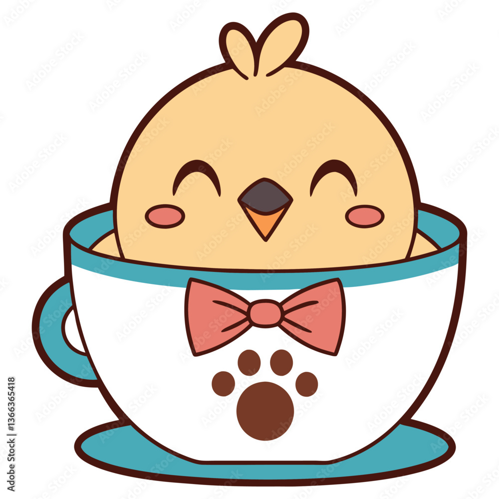 Smiling Yellow Chick in Teacup with Bow Tie and Paw Print on white Smiling Yellow Chick in Teacup with Bow Tie and Paw Print on white