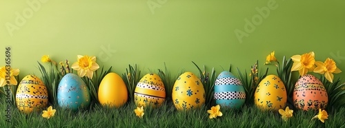 Colorful Decorated Eggs Resting on Grass Surrounded by Blooming Flowers Durin...