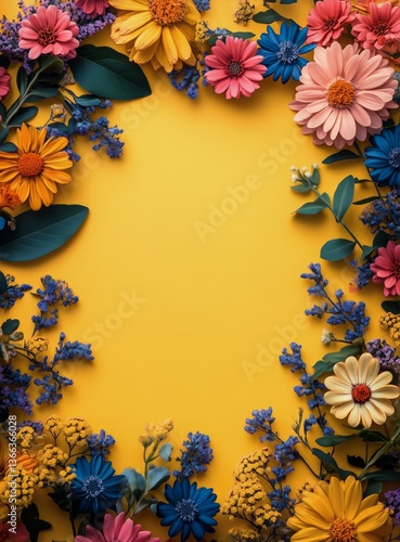 Bright Floral Arrangement on a Yellow Background With Various Colorful Flower...