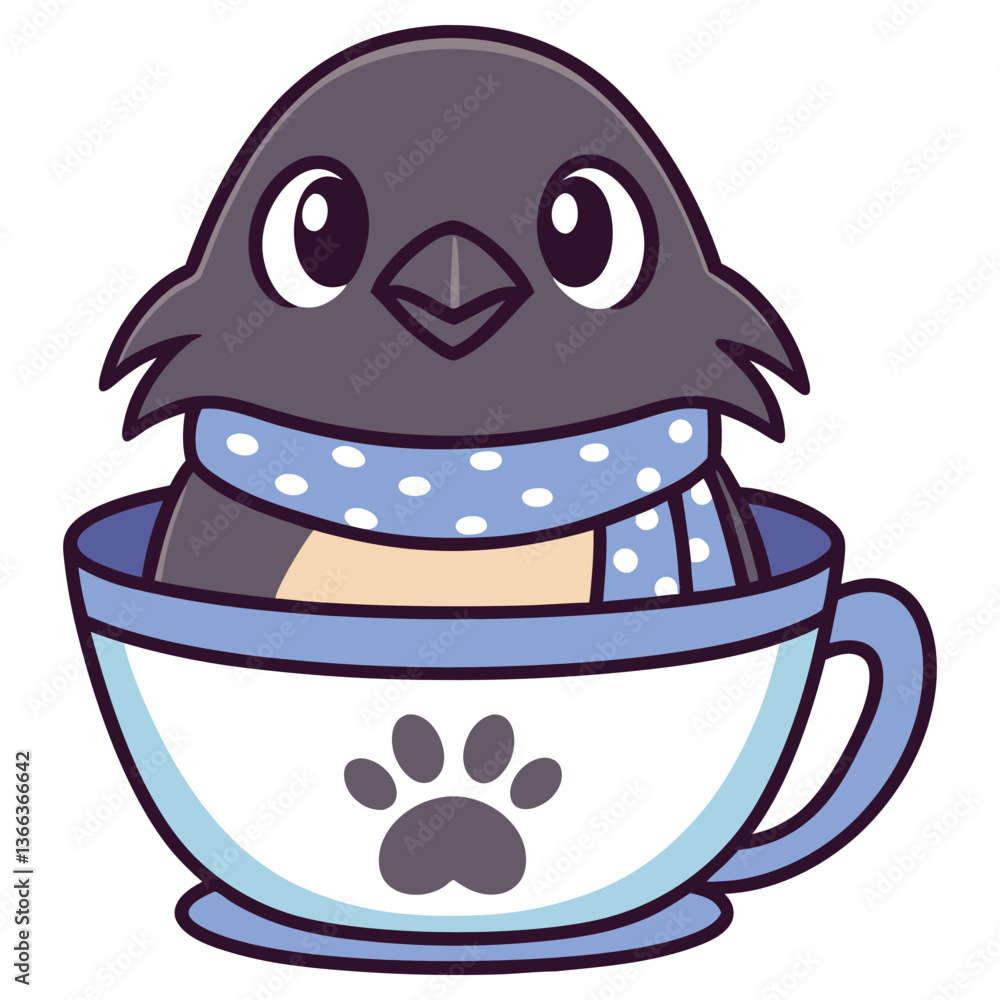 Cartoonish Bird In Cup With Paw Print And Scarf On Transparent Background Cartoonish Bird In Cup With Paw Print And Scarf On Transparent Background