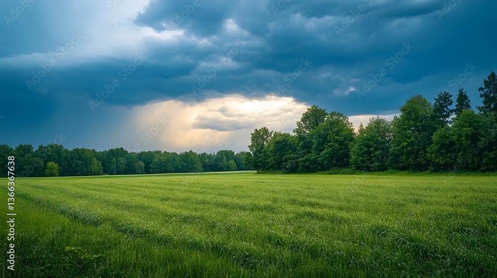 A dramatic and vast landscape under a moody sky with a sunlit field A dramatic and vast landscape under a moody sky with a sunlit field