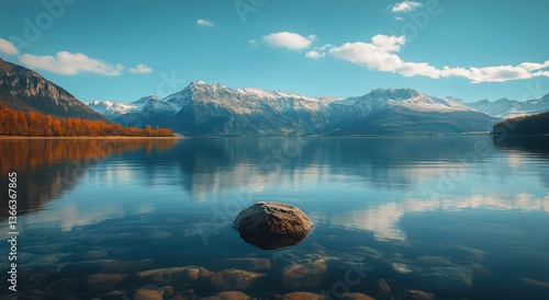 Majestic Mountains Reflect in Calm Lake Under a Clear Blue Sky During a Seren...