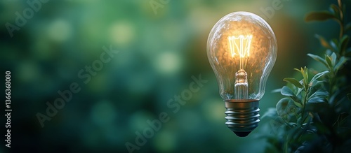 Bright Glowing Light Bulb Surrounded by Green Foliage at Twilight