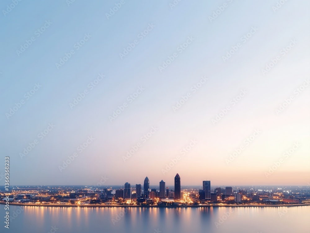 Serene city skyline at dusk with twinkling lights and vibrant colors reflecting the beauty of urban night life Serene city skyline at dusk with twinkling lights and vibrant colors reflecting the beauty of urban night life