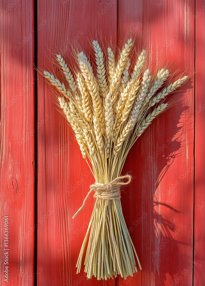 Fototapeta premium Wheat Sheaf Tied With Twine Against a Rustic Red Wooden Background