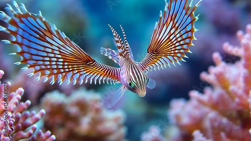 Striking lionfish gracefully glides through vibrant coral reefs in tropical waters