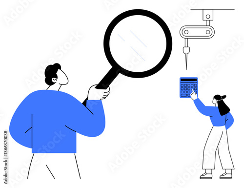 Man inspecting manufacturing setup with magnifying glass, woman interacting with control panel. Ideal for quality control, production, innovation, teamwork, problem-solving, manufacturing