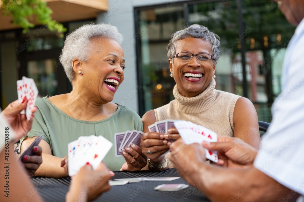 Joyful elderly african female friends playing cards outdoors Joyful elderly african female friends playing cards outdoors