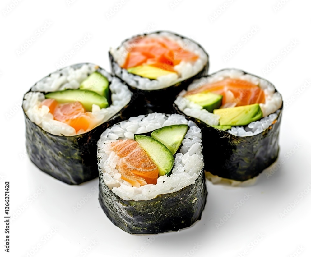 Sushi rolls with salmon, avocado, and cucumber, isolated on a white background. Four pieces of Sushi rolls with salmon, avocado, and cucumber, isolated on a white background. Four pieces of