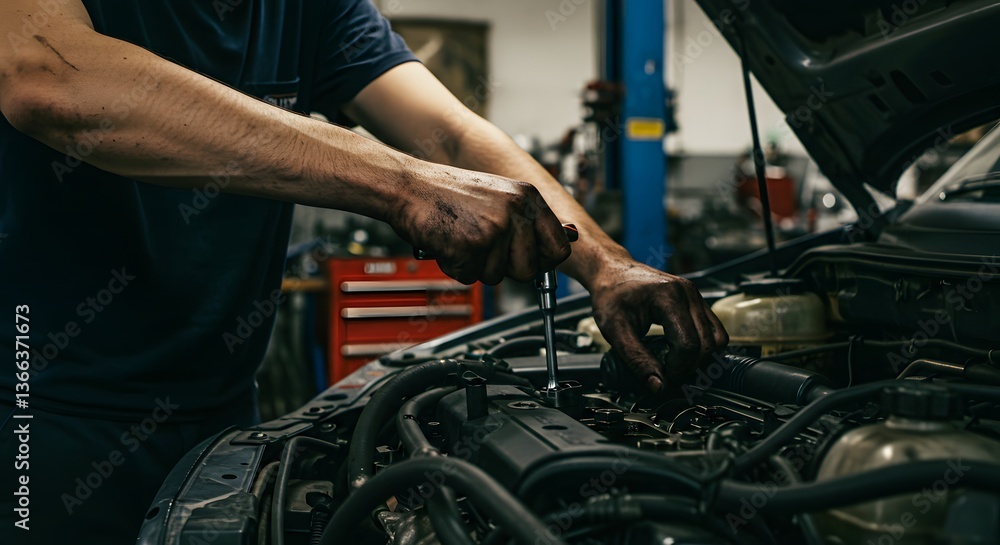 Mechanic performing engine maintenance service with a wrench in garage Mechanic performing engine maintenance service with a wrench in garage