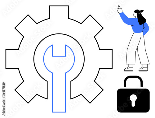 Gear and wrench represent configuration, lock symbolizes security, woman pointing denotes guidance. Ideal for technology, support, management, innovation, strategy cybersecurity settings. Flat