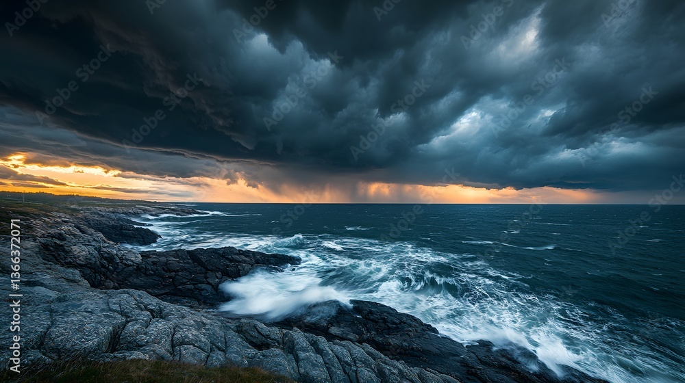 Fototapeta premium a dramatic coastal landscape with moody skies and rough seas, the rocks are hit by water