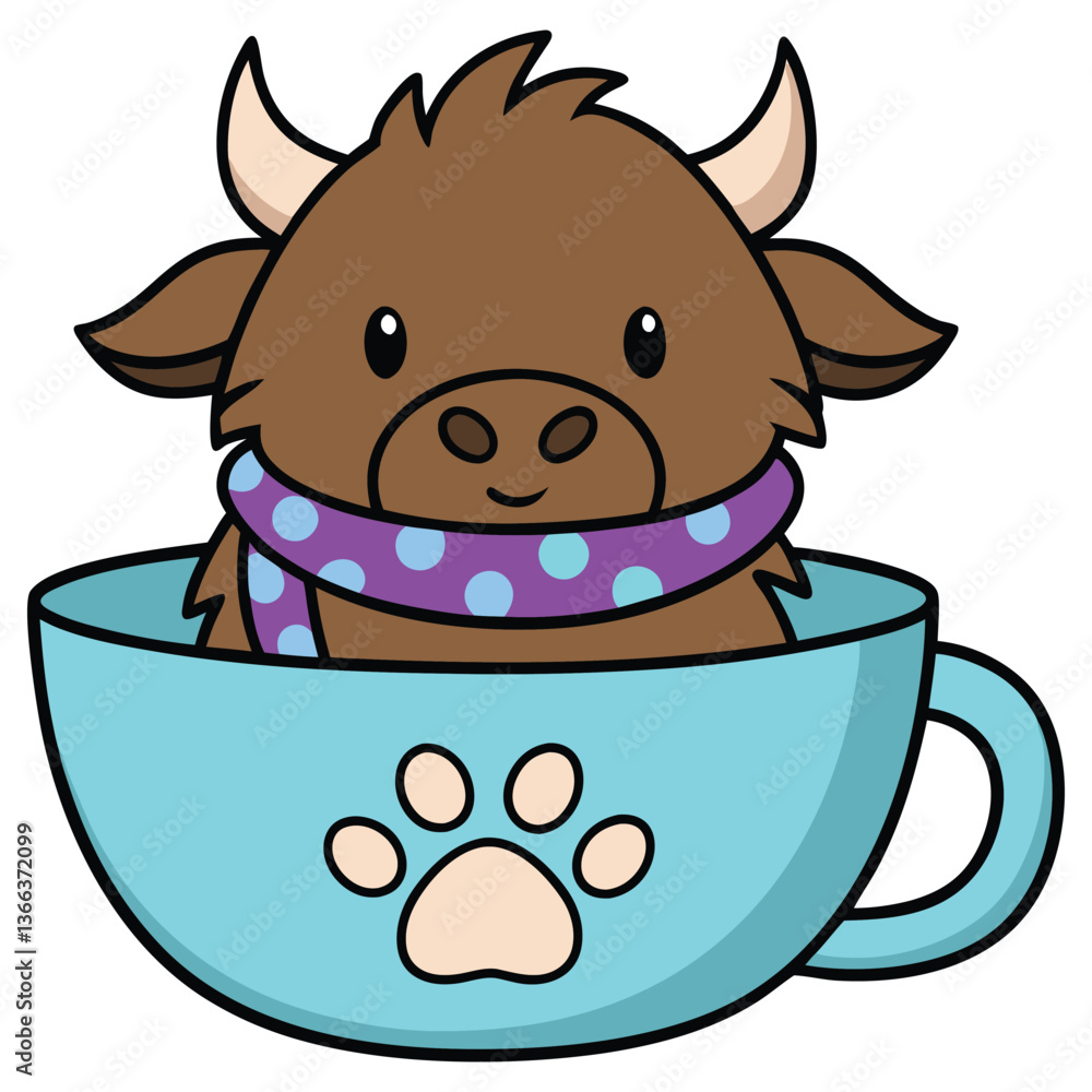 Fototapeta premium Cartoon Brown Highland Cow with Scarf Inside Light Blue Cup and Paw Print Design