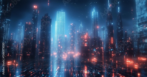 Exploring a Vibrant Digital Cityscape Filled With Glowing Data Streams and Fu...