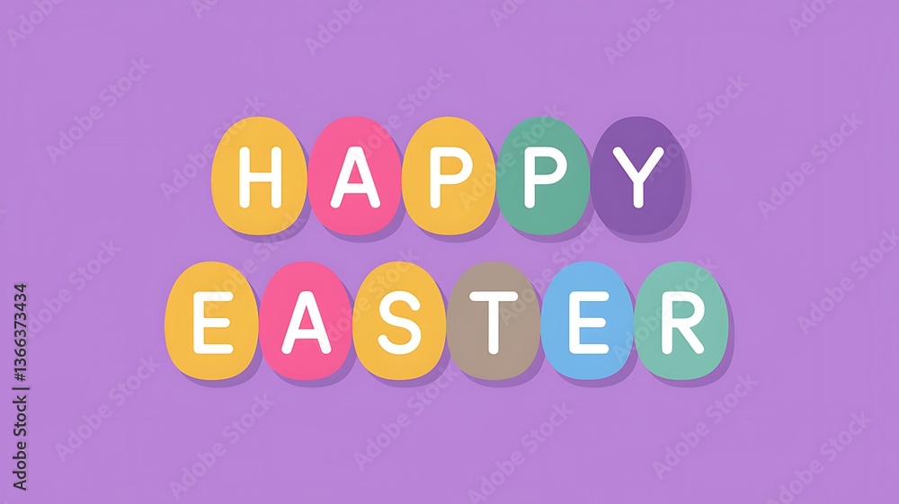 A collection of multicolored eggs spelling out the words 'Happy Easter' in vibrant colors with solid purple background and white letters, creating a festive and eye-catching Easter design festive vibe A collection of multicolored eggs spelling out the words 'Happy Easter' in vibrant colors with solid purple background and white letters, creating a festive and eye-catching Easter design festive vibe