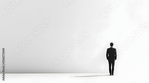 A businessman in a sleek black suit stands against a white background symbolizing corporate success solitude and decision-making in the modern business world ideal for finance leadership and career co