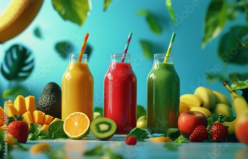 Colorful Fruit Smoothies Displayed on a Vibrant Background With Assorted Frui...