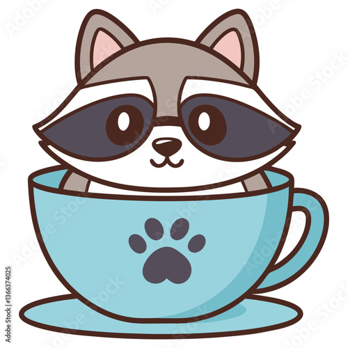 Cartoon Raccoon in Blue Cup with Paw Print Icon on White Background