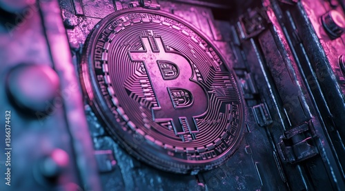 Bitcoin Coin Surrounded by Circuit Board in Colorful Lighting Showcasing Cryp...