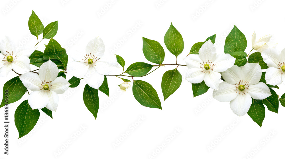 Fototapeta premium Clematis flowers and leaves, elegant white bloom, isolated floral arrangement, cut out transparent