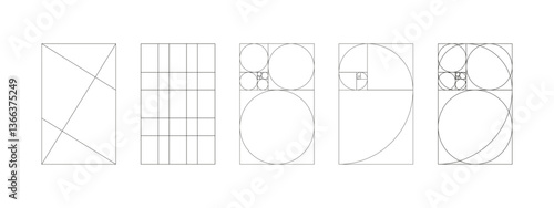 Set of golden ratio patterns. Method golden section mockup. Fibonacci array, numbers minimalist forms. Harmony proportions black frames. Outline thin graphic illustration.