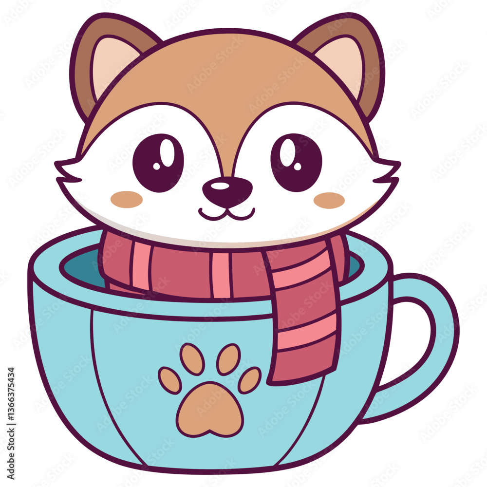 Fototapeta premium Cute Cartoon Fox in a Tea Cup with Scarf Isolated on a Transparent Background