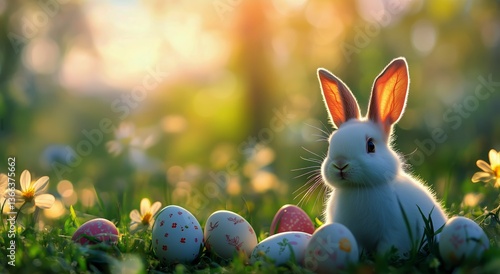 Rabbit Surrounded by Colorful Easter Eggs in a Green Meadow at Sunset