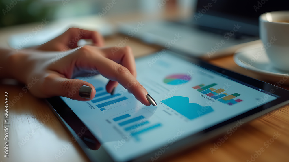 Modern tax preparation with manicured hand using finance app on tablet in contemporary home office setting. Modern tax preparation with manicured hand using finance app on tablet in contemporary home office setting.