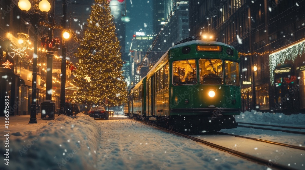 Fototapeta premium A vibrant green tram moves through a snow-covered city street, adorned with glowing streetlights and a towering decorated Christmas tree. The snowfall adds a magical festive ambiance.. AI Generation