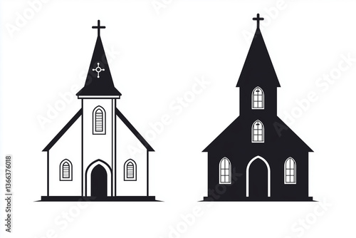 Simple black and white silhouettes of church buildings isolated on a white background