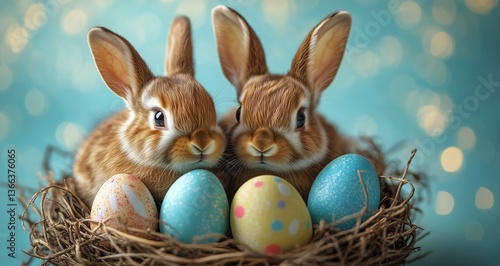 Cute Rabbits With Colorful Eggs in a Nest During Spring Celebration
