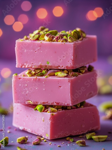 Colorful Pink Sweets Stacked With Pistachios on a Vibrant Background During a...