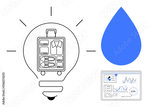 Lightbulb encloses organized suitcase beside a blue water drop and an analytics dashboard. Ideal for travel planning, innovation, sustainability, packing tips, resource management, creativity, flat