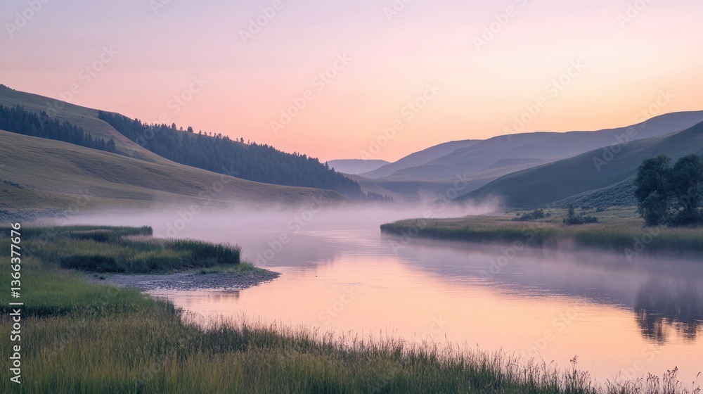 Fototapeta premium Misty sunrise river valley landscape, peaceful dawn scene, nature background