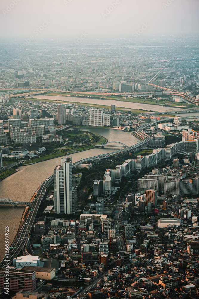 Fototapeta premium busy city from above (aerial) - tokyo, japan with a river cutting through